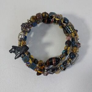 Artisan Handcrated Glass Bead Coiled Wrap Bracelet Horse Stars Moon Black‎ Blue